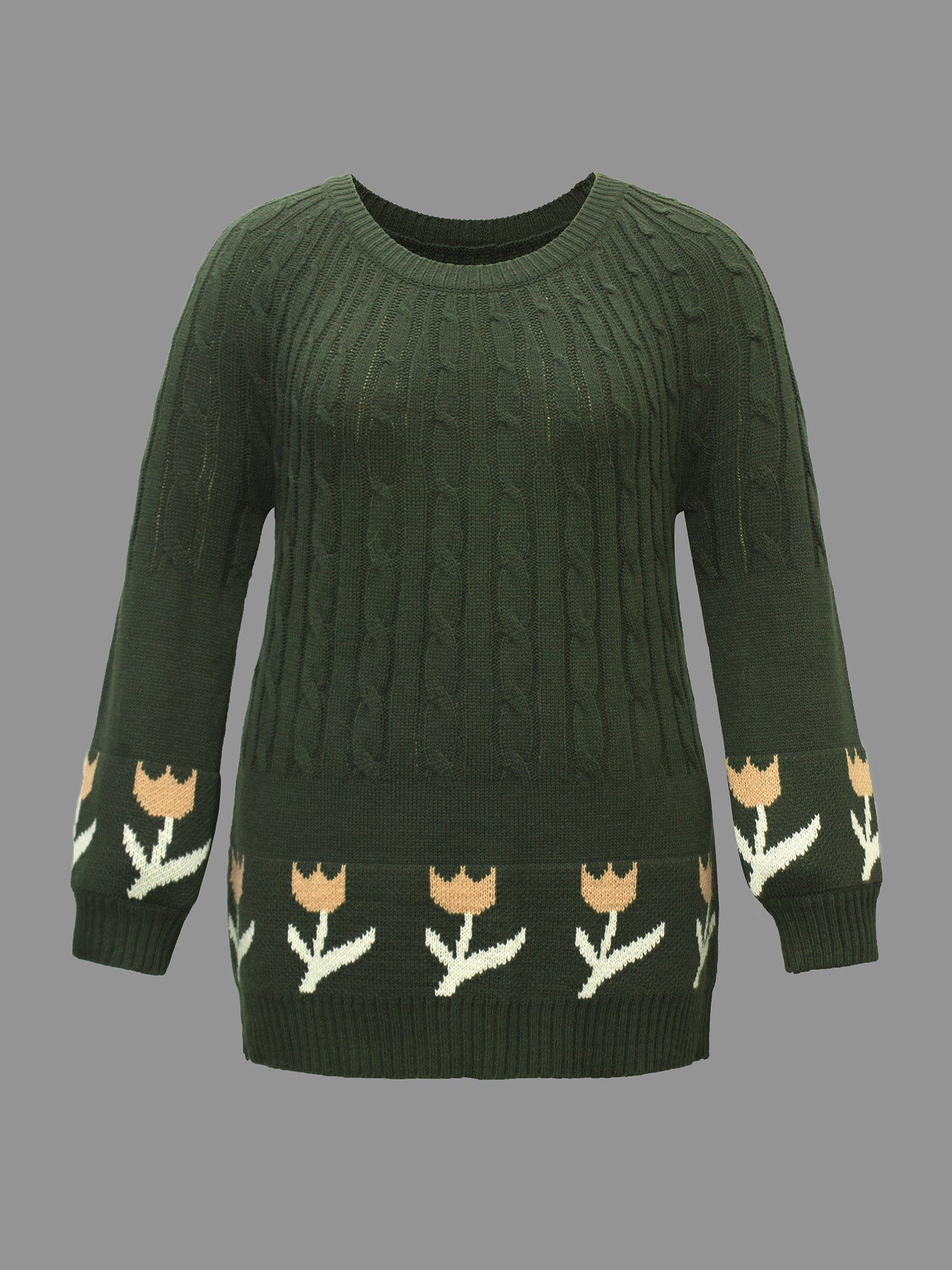 Cable Knit Floral Ribbed Hem Pullover