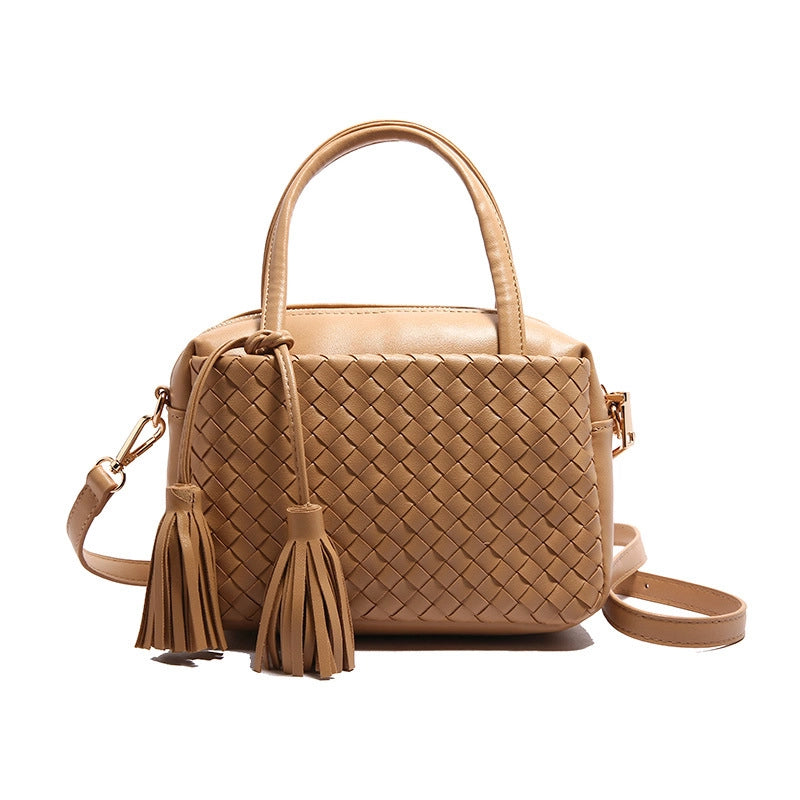 Women's Pu Leather Solid Color Basic Tassel Weave Square Zipper Handbag Crossbody Bag