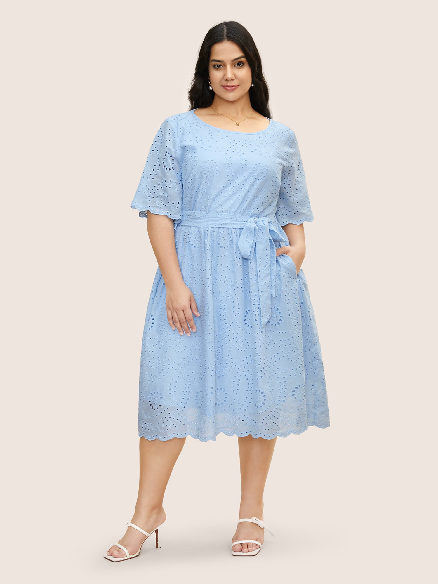 Broderie Anglaise Ruffle Sleeve Ties Dress