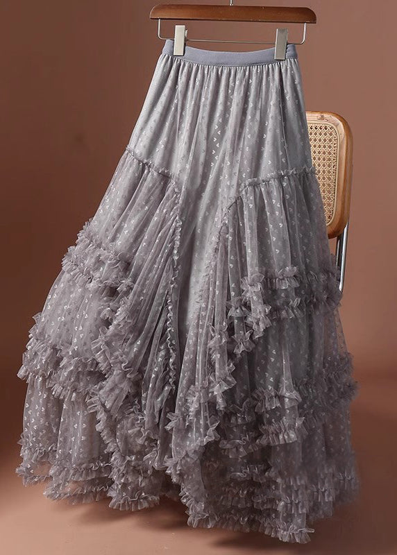 Jacquard Khaki Ruffled Patchwork Love Tulle Maxi Skirts