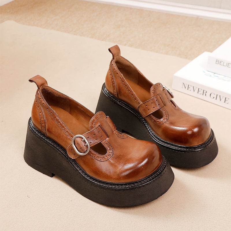 Brogue T-Strap 52mm Washed Cowhide Platform Mary Jane Shoes in Black/Coffee