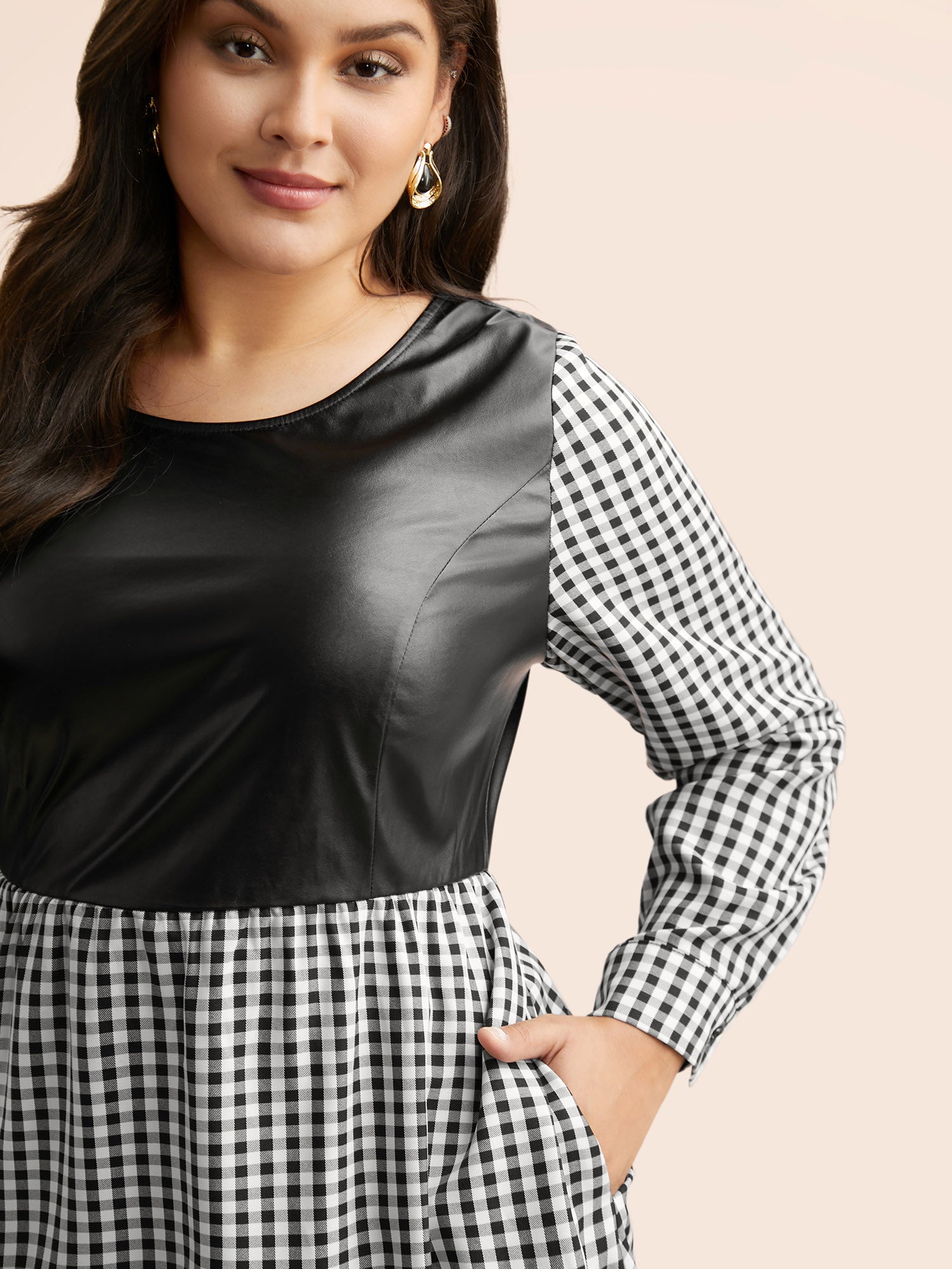 Round Neck Gingham PU Leather Dress