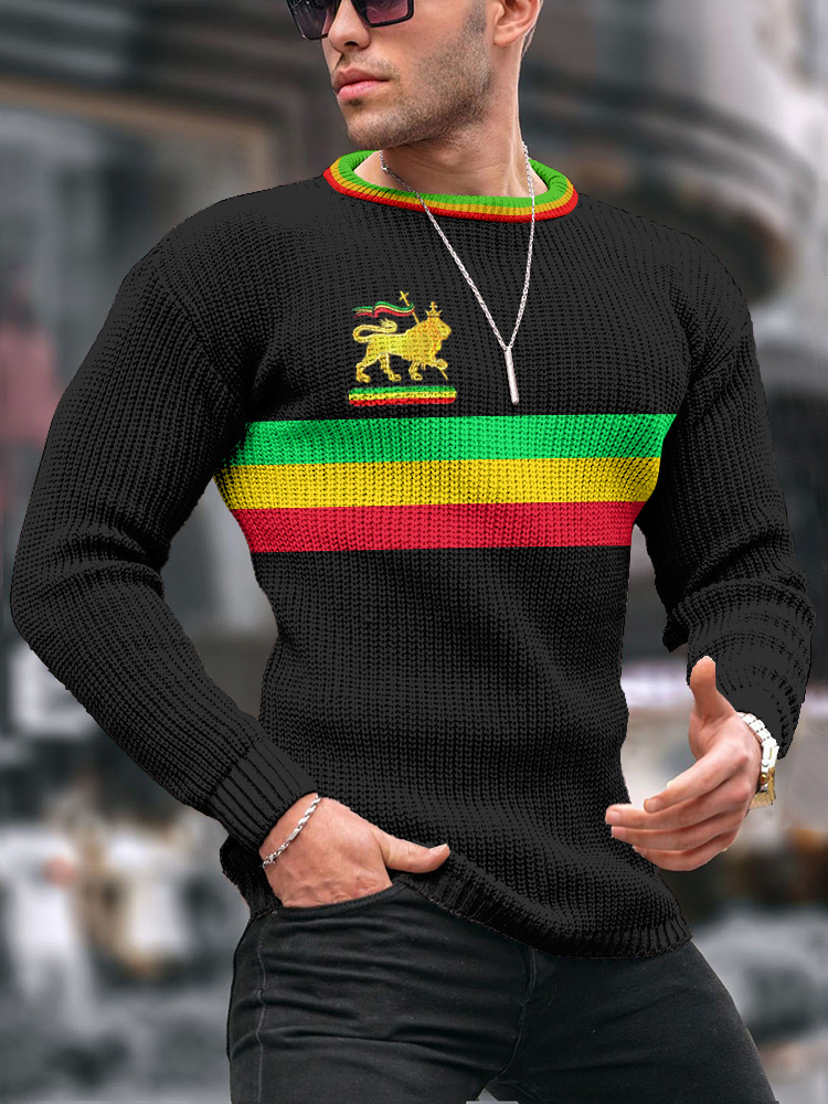 Juneteenth Reggae Stripe Jacquard Iceland Crew Neck Sweater