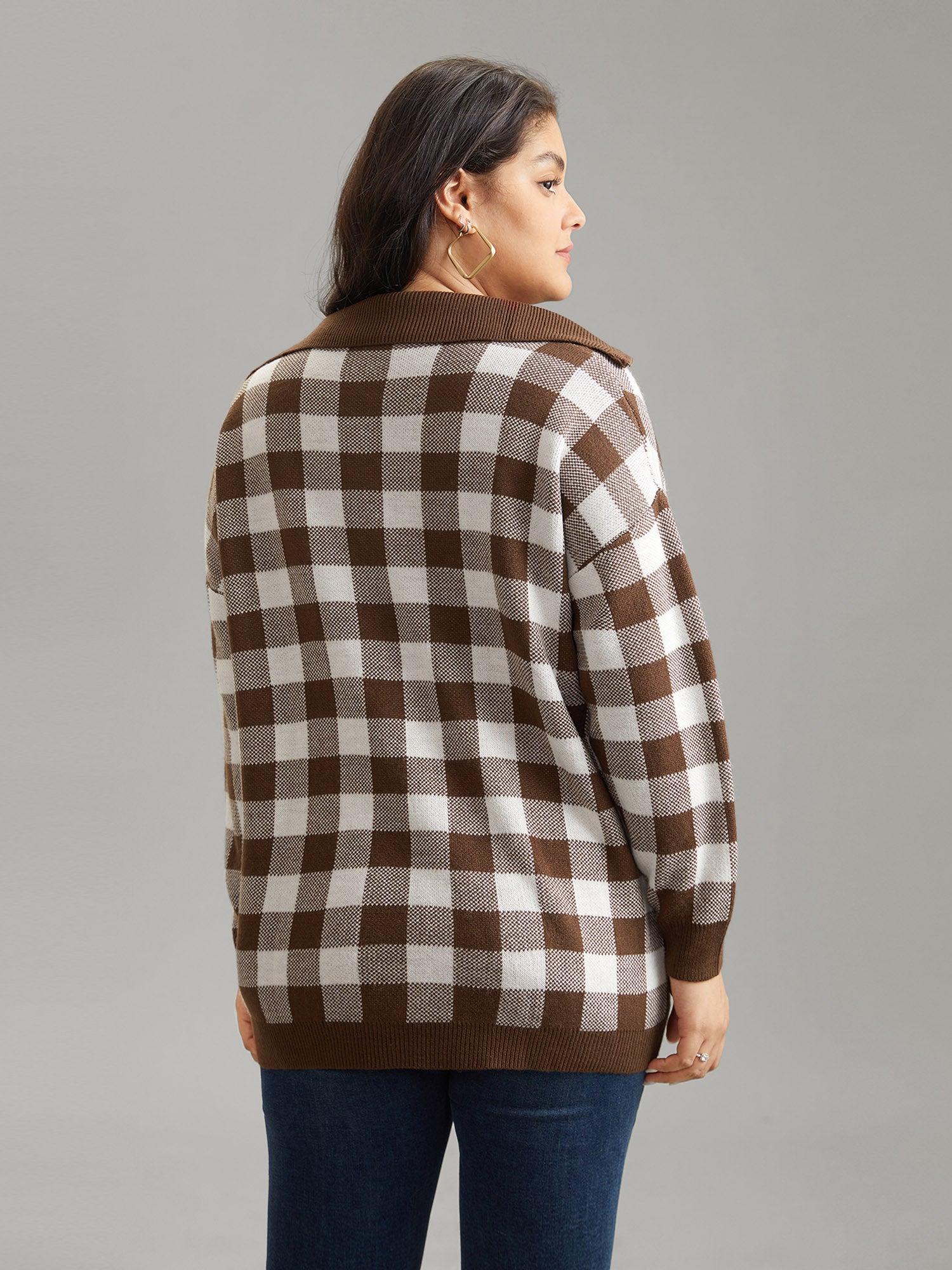 Gingham Half Zip Polo Drop Shoulder Pullover