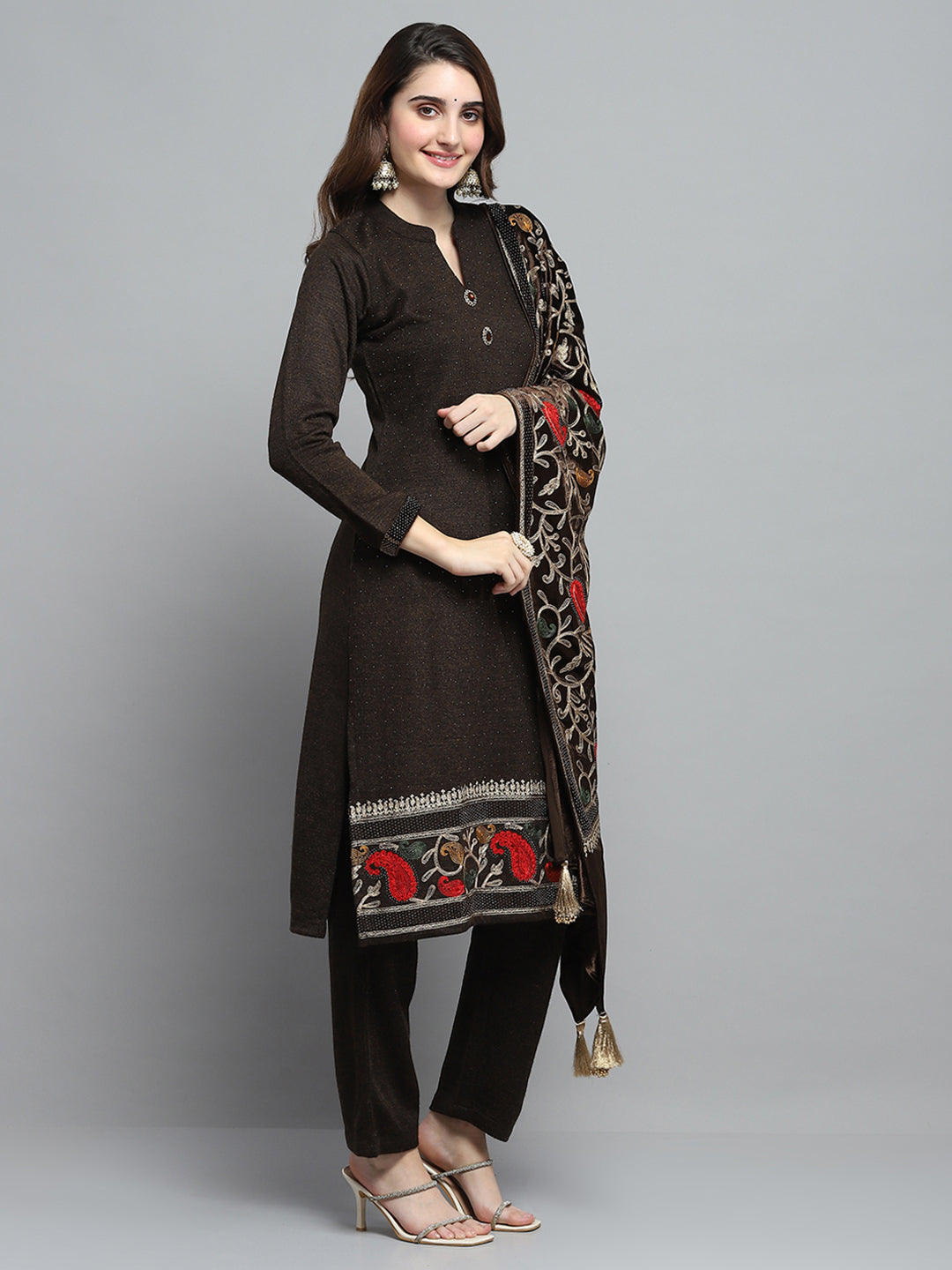 Women Brown Self Design Round Neck Full Sleeve Kurti Set & Stole