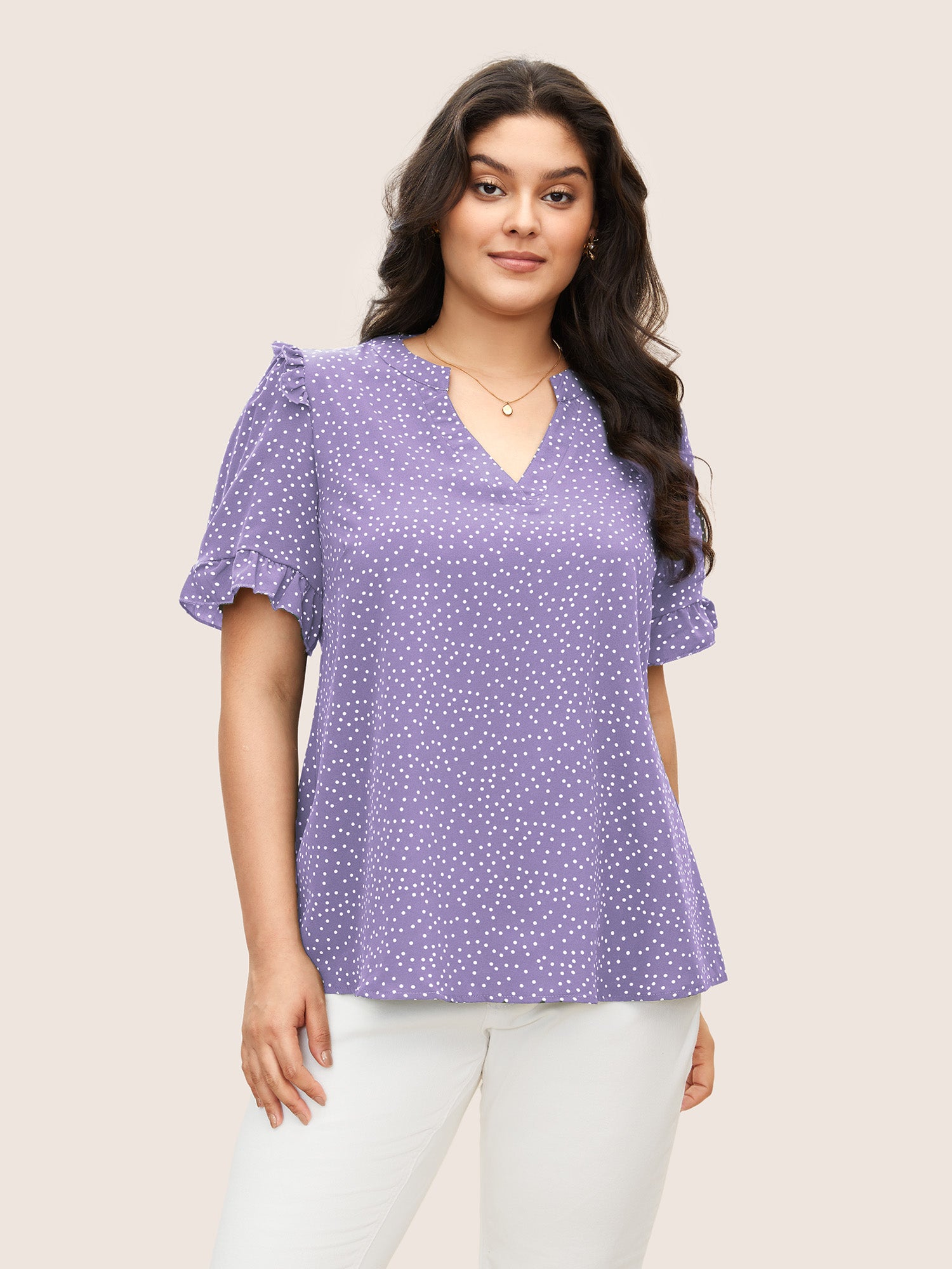 Polka Dot V Neck Ruffle Trim Blouse