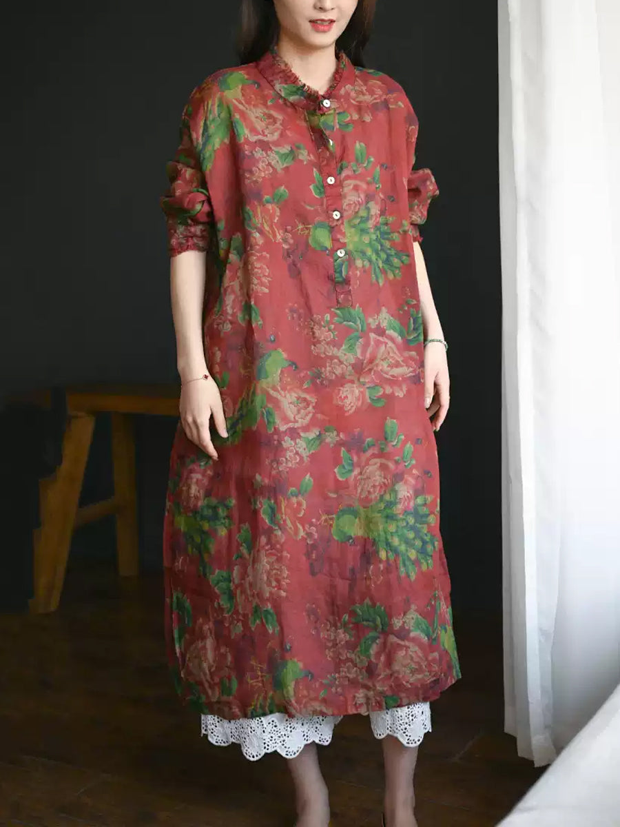 Women Summer Flower Stand Collar Linen Loose Dress