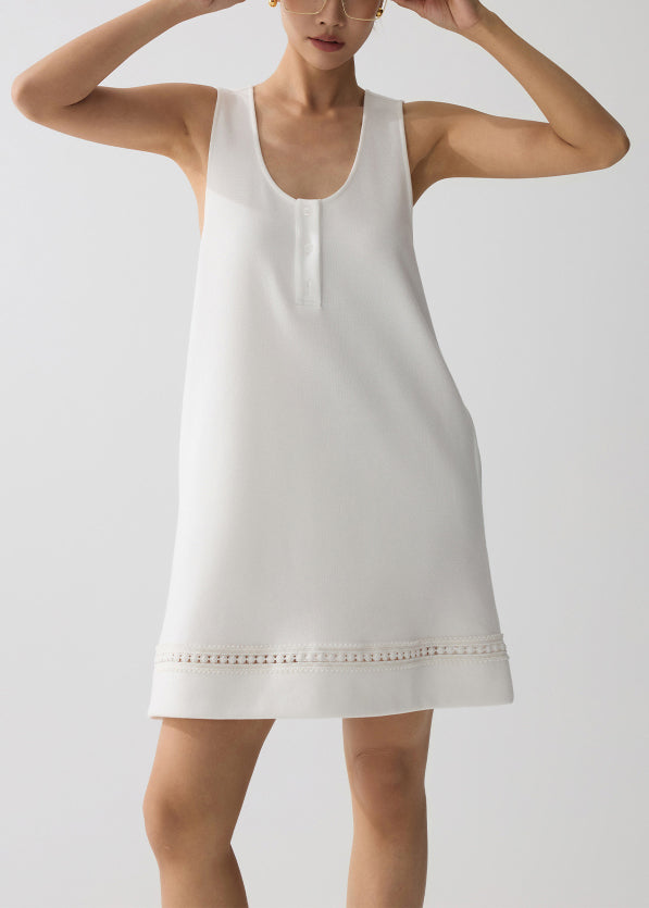 Women White U Neck Hollow Out Cotton Mini Dress Summer