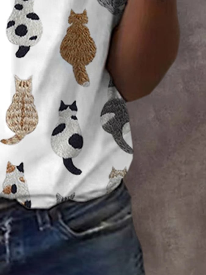 Women'S Cute Cats Embroidery Print Short Sleeve T-shirt