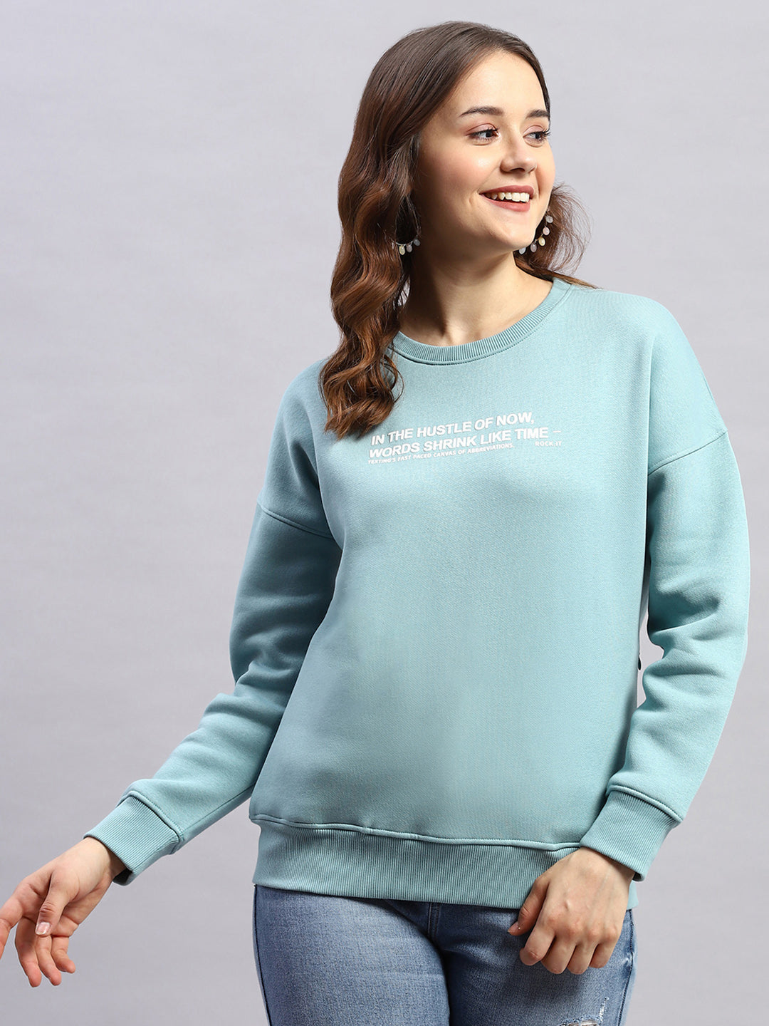 Women Blue Printed Round Neck Full Sleeve Sweatshirt