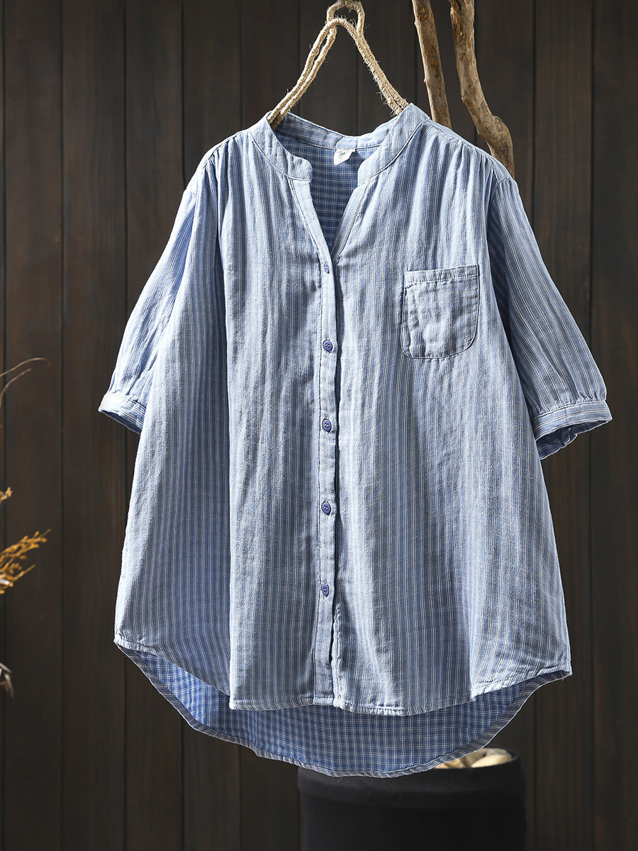 Women Summer Casual Stripe V-Neck 100%Cotton Shirt