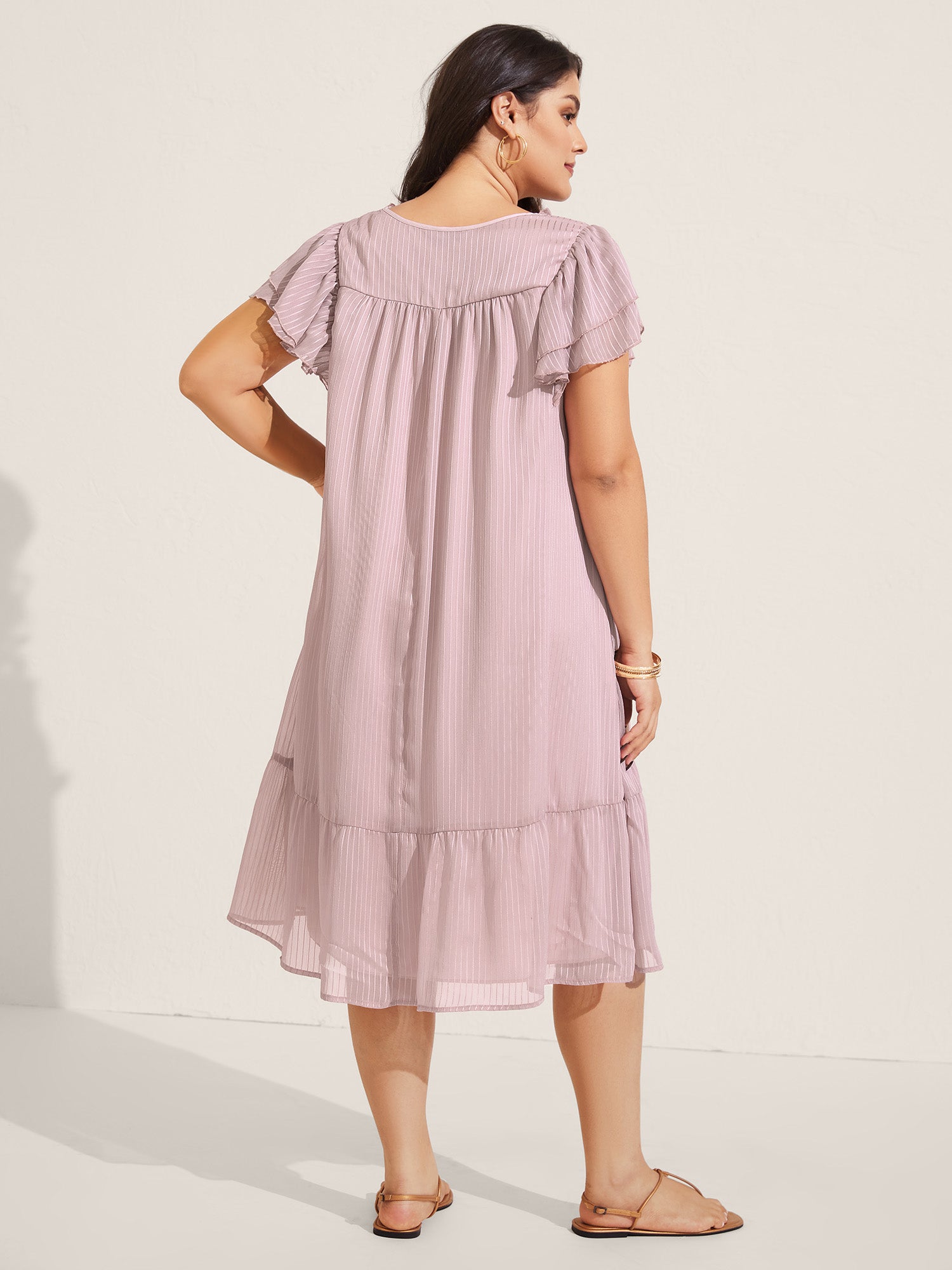 Sheer Textured Layered Ruffled Sleeve Midi Dress