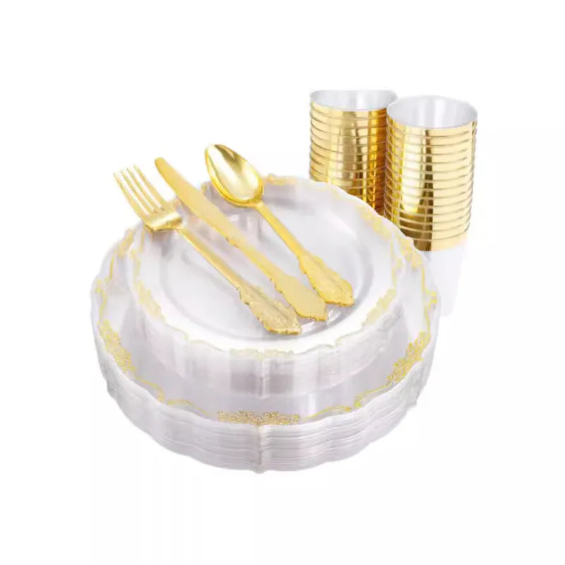 7.5-Inch 10.25-Inch Disposable Transparent Golden Edge Plate Plastic Relief Plate Golden Lace Plate Party Tableware