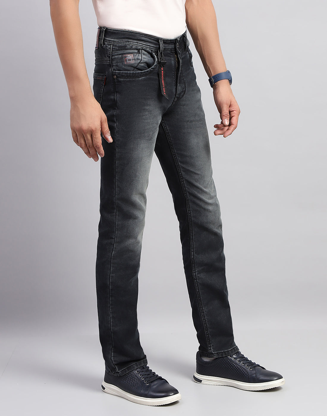 Men Black Light Wash Narrow Fit Denim