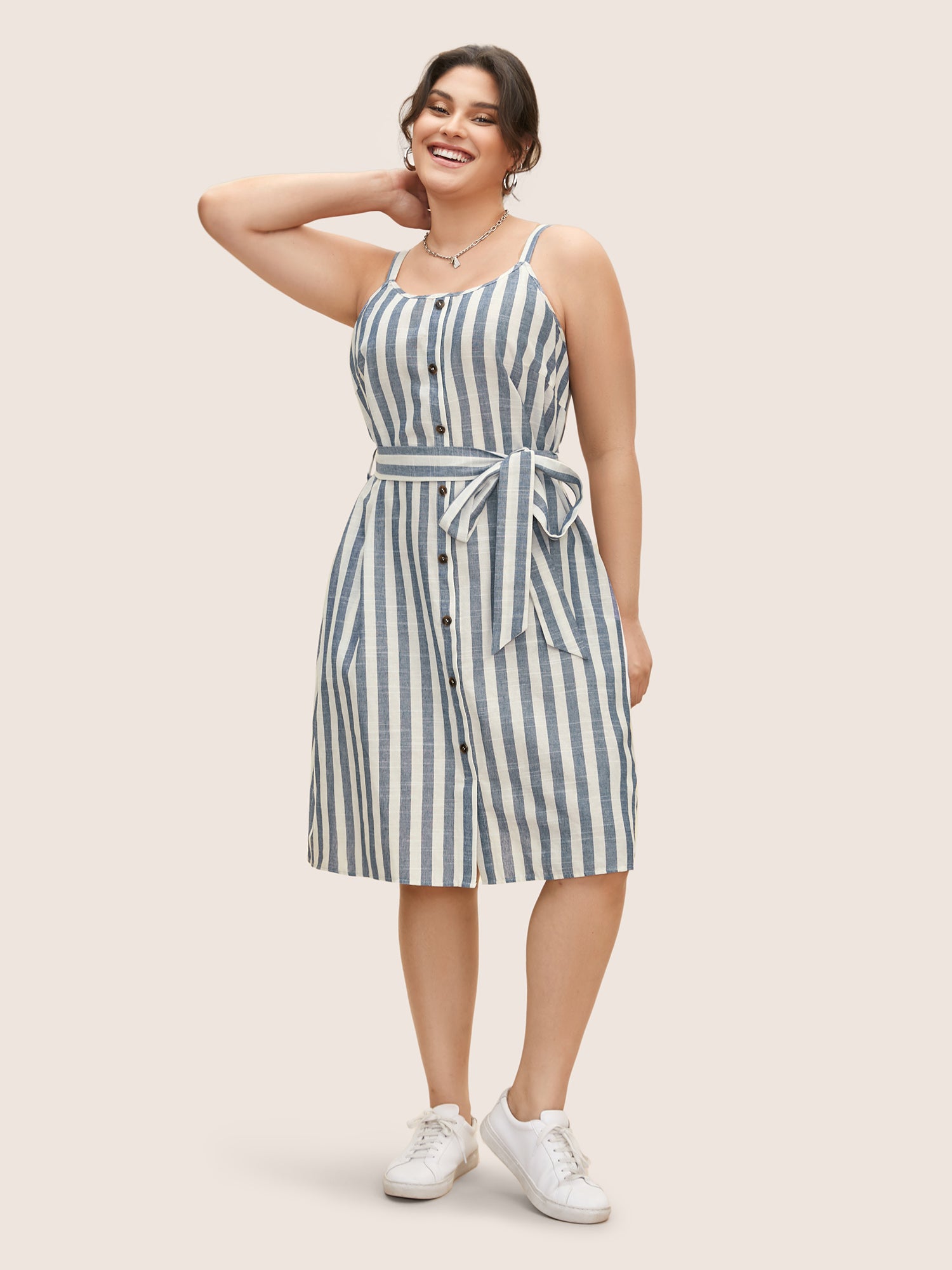 Striped Button Detail Belted Cami Dress