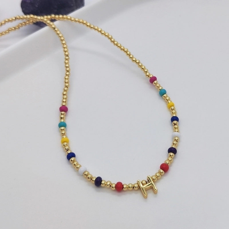 Ig Style Minimalist Letter Glass Copper Beaded Knitting Plating 18k Gold Plated Necklace
