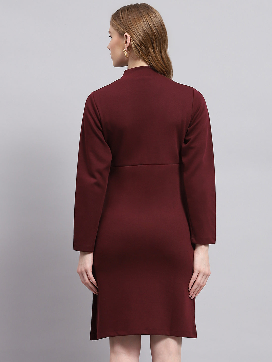 Women Maroon Solid Mock Neck Full Sleeve Dress