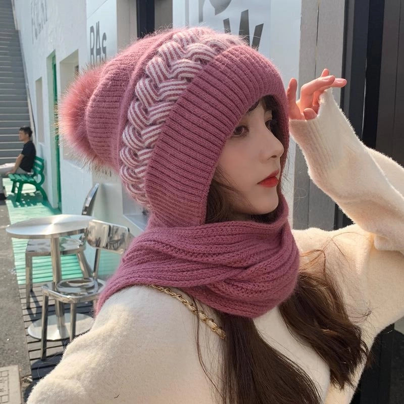 Hat Women's Autumn And Winter Korean-style Cute Knitted Hat Cold-proof Ear Protection Neck Protection Thickened Wool Hat Scarf -one Hat