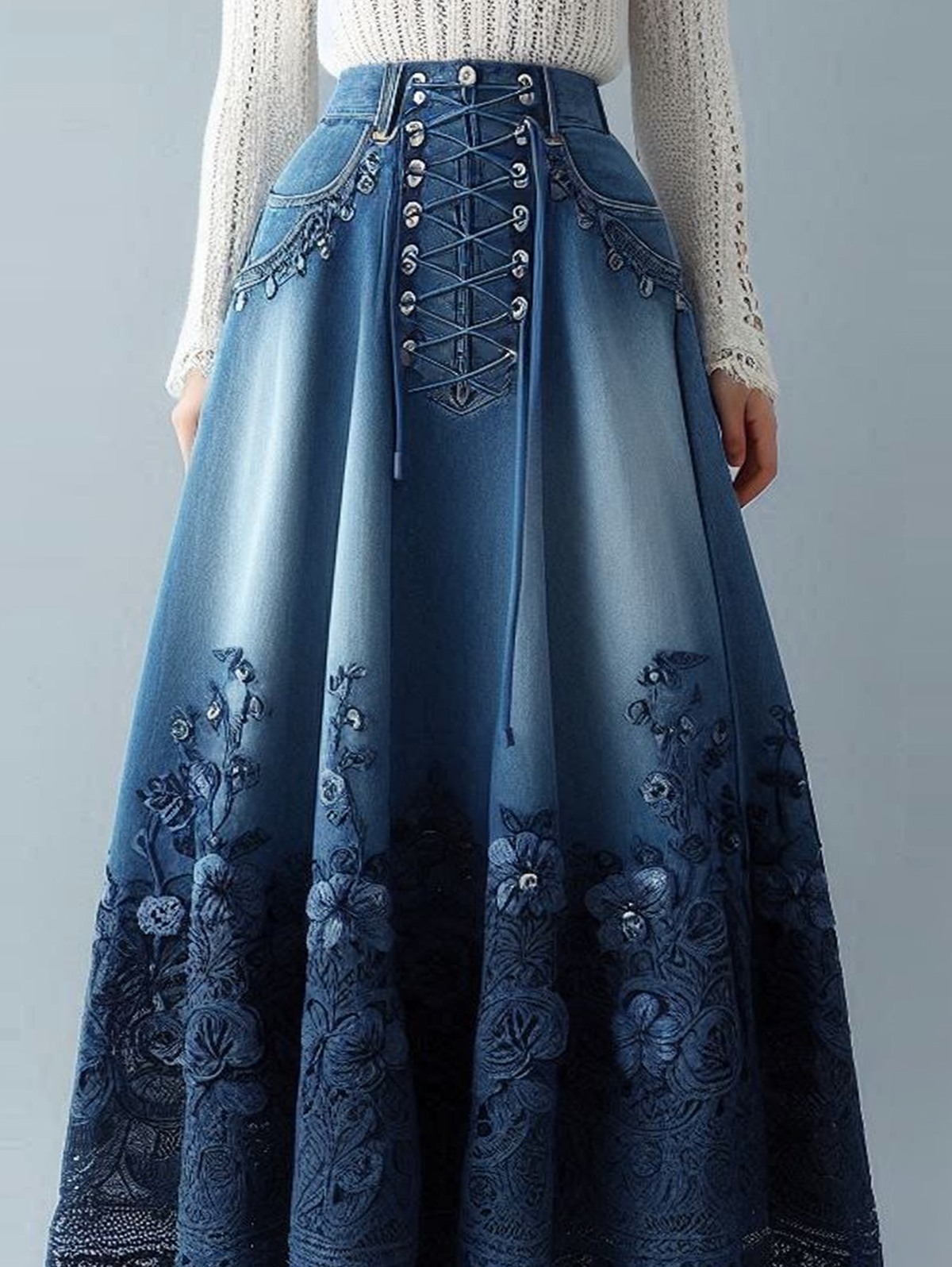 Casual Guipure Lace Floral Lace-up Maxi Skirt