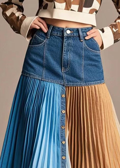 French Navy Asymmetrical Patchwork Denim Pleated Skirt Spring
