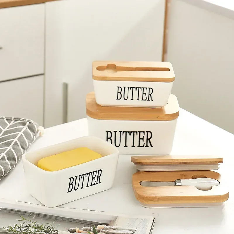 500 ML CERAMIC BUTTER CONTAINER WITH KNIFE BAMBOO LID