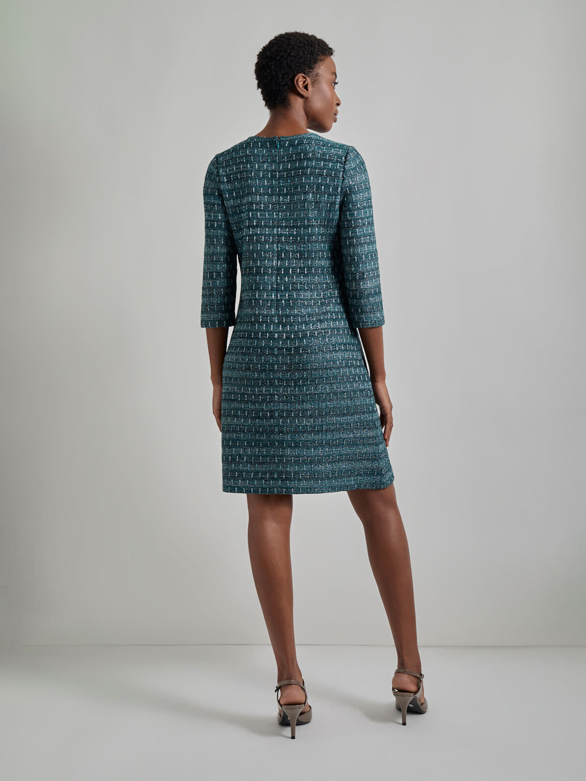 Metallic Accent Tweed Knit Shift Dress