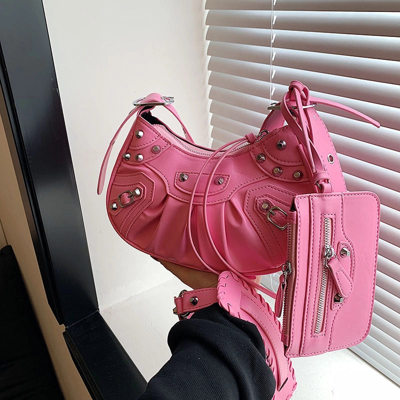 Women's Medium All Seasons Pu Leather Solid Color Fashion Rivet Pillow Shape Zipper Underarm Bag