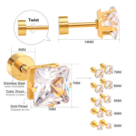 3mm Square diamond studs - Gold