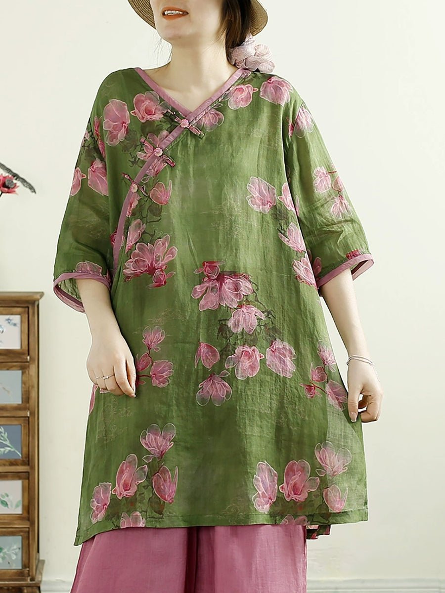 Women Summer Ethnic V-Neck Flower 100%Ramie Shirt