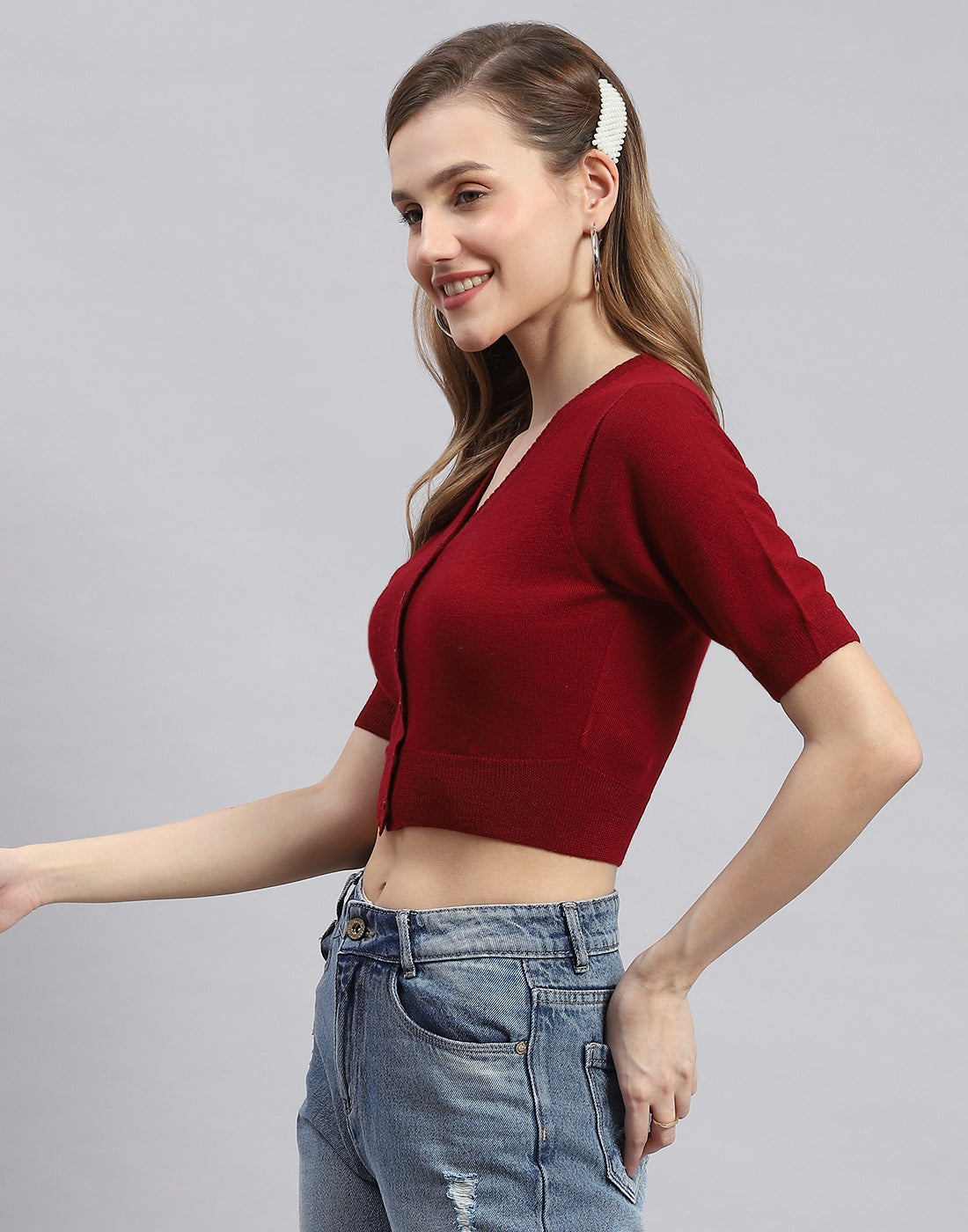 Women Maroon Solid V Neck Half Sleeve Blouse