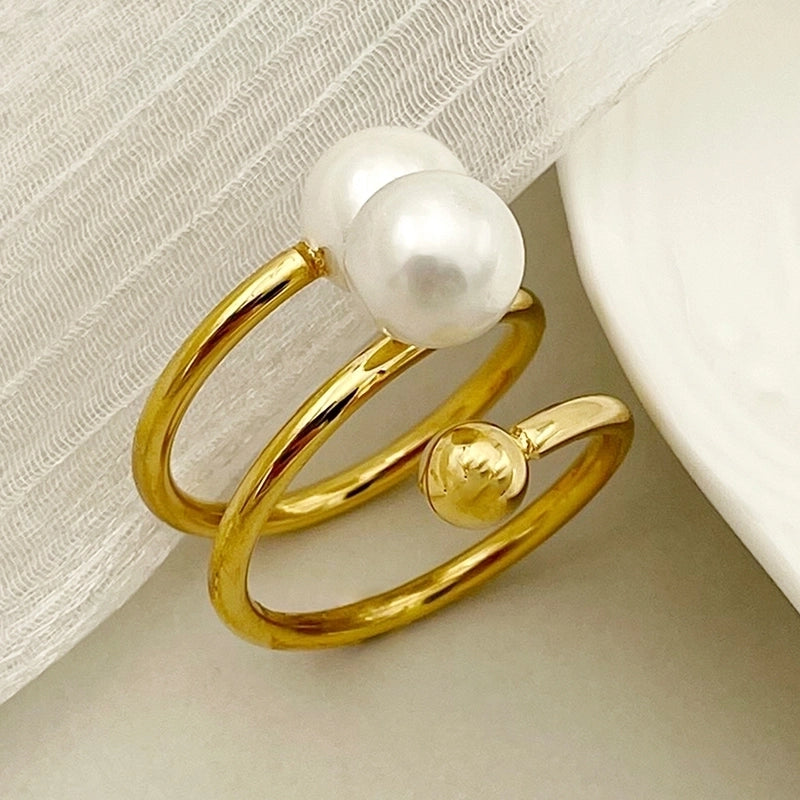 Elegant Baroque Style Modern Style Round Palm 304 Stainless Steel Pearl 14K Gold Plated Asymmetrical Inlay Rings