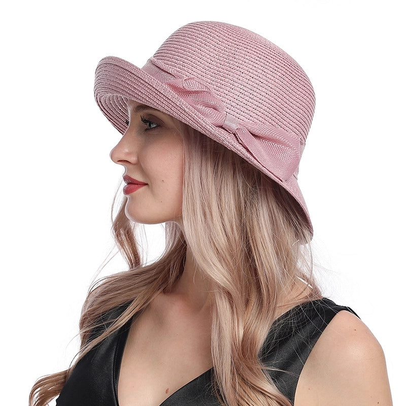 Women's Casual Retro Solid Color Bowknot Crimping Straw Hat