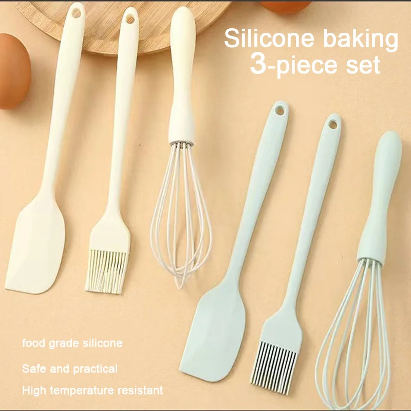 3 PIECE BAKING SET SILICONE SCRAPER EGG BEATER & GREASE BRUSH