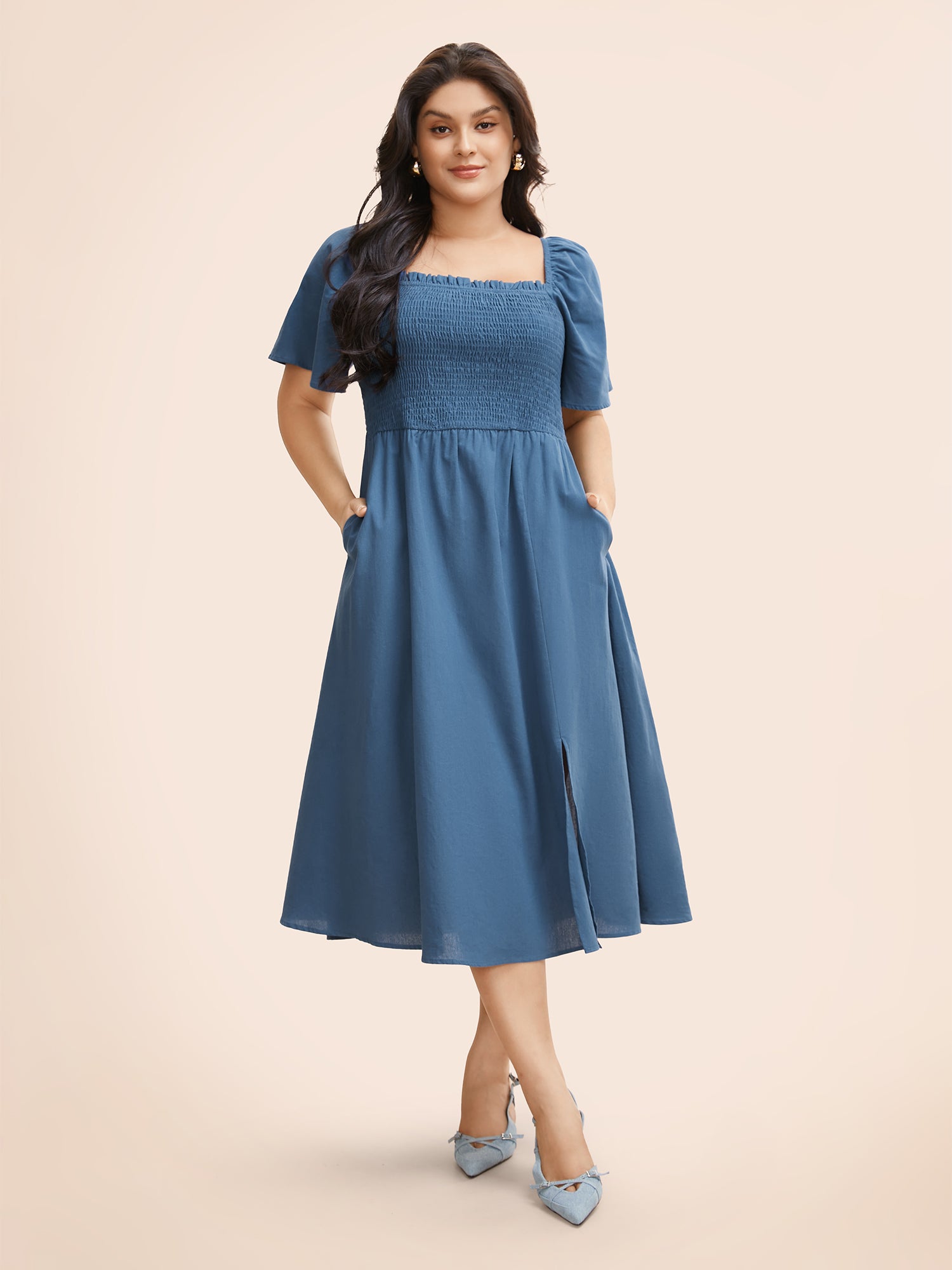 Cotton Square Neck Shirred Ruffle Sleeve Split Hem Dress