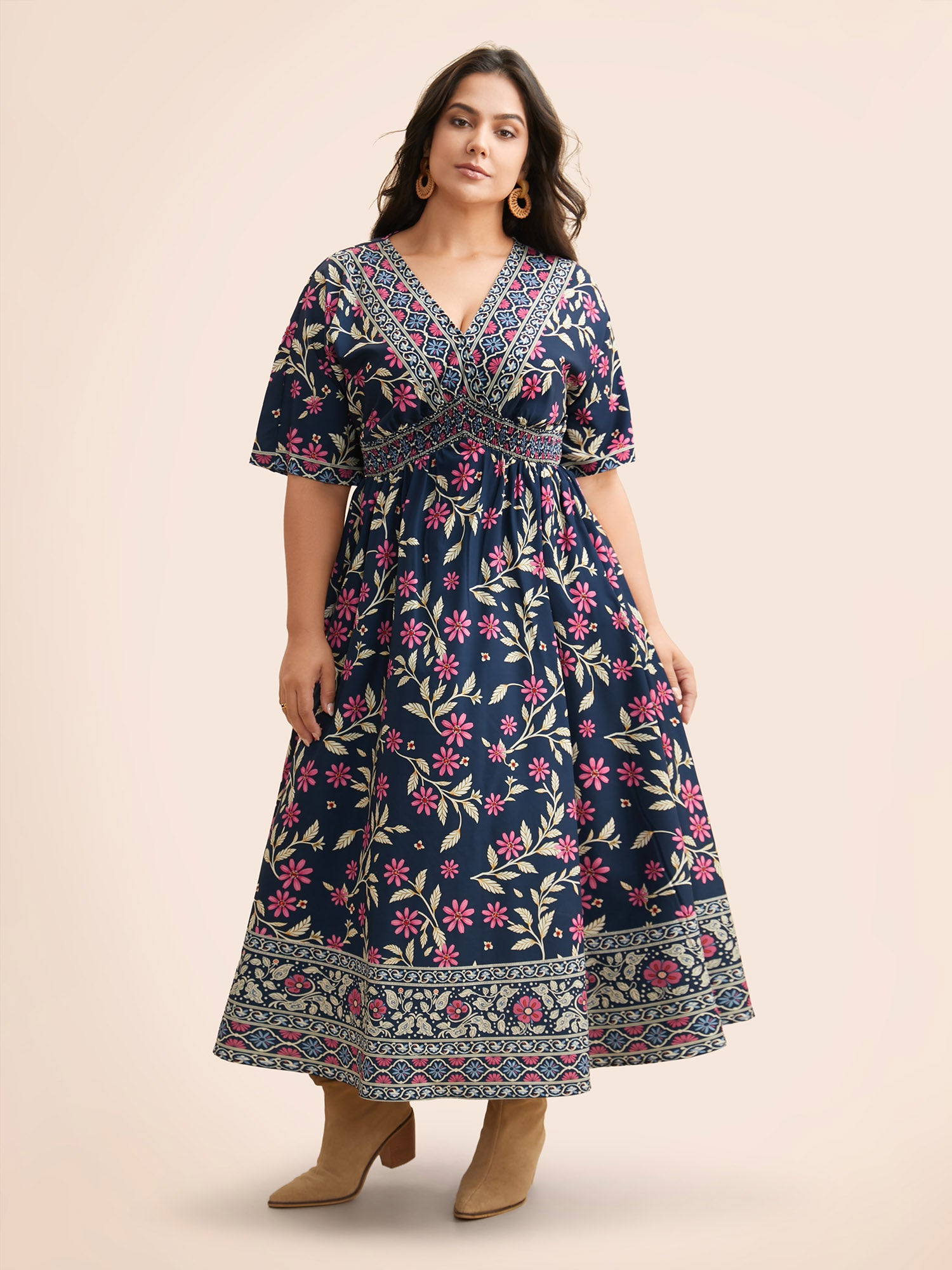 Boho Print Overlap Collar Shirred Dress