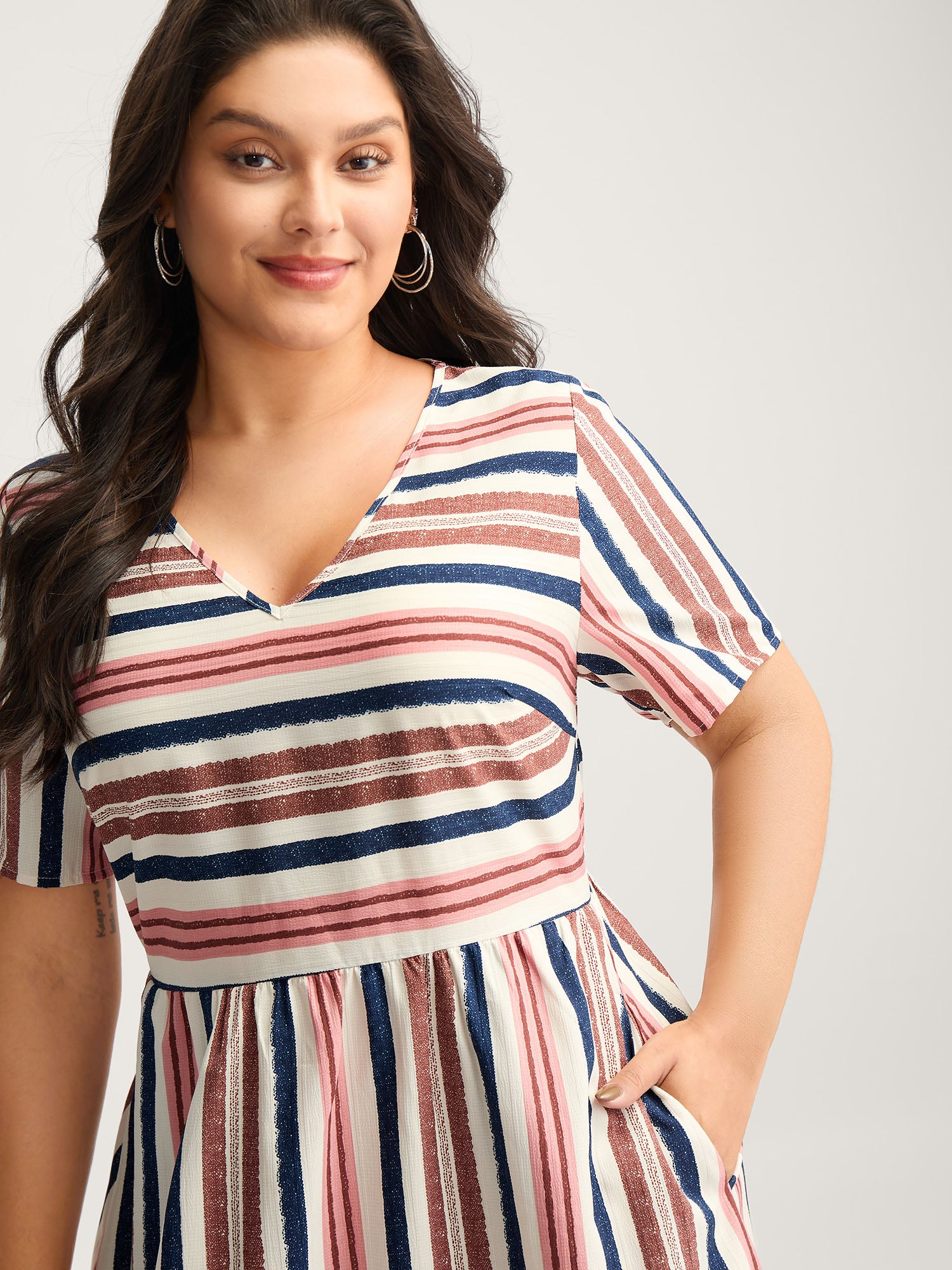 Asymmetrical Stripes V-Neck Tiered Midi Dress