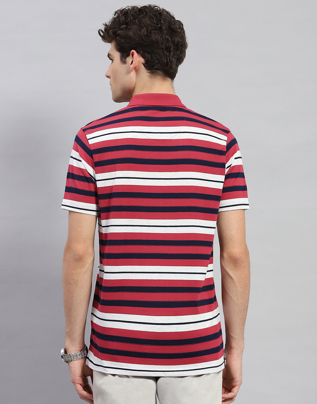 Men Red Stripe Polo Collar Half Sleeve T-Shirt