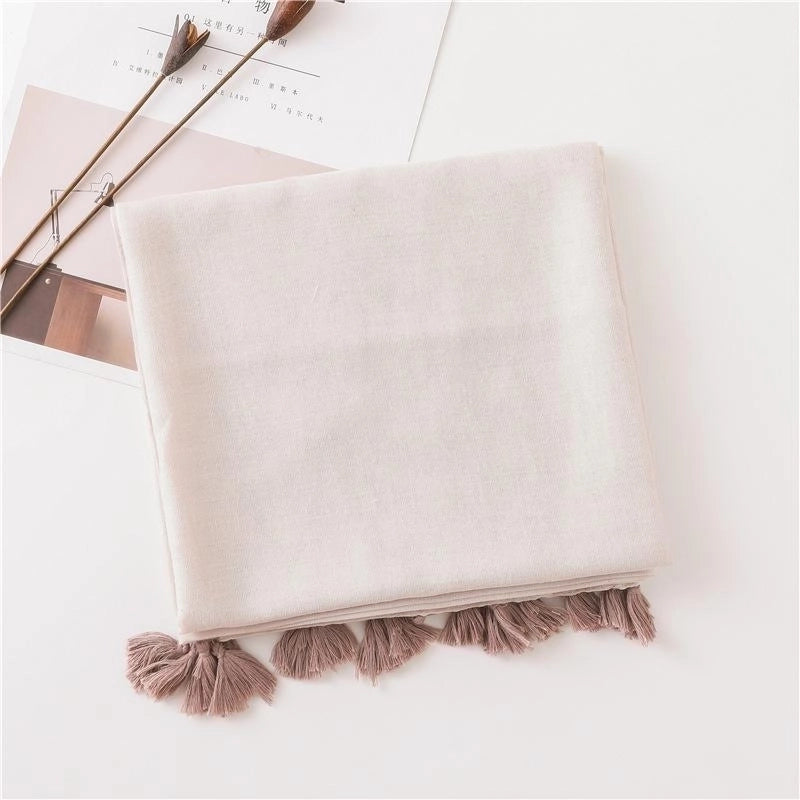 Solid Color Nude Powder Shiny Tassel Cotton Linen Scarf Shawl Long Scarf Silk Sunscreen Shawl