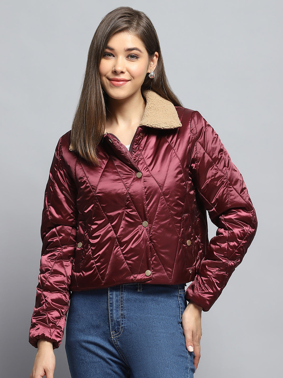 Women Maroon Solid Collar Full Sleeve Jacket