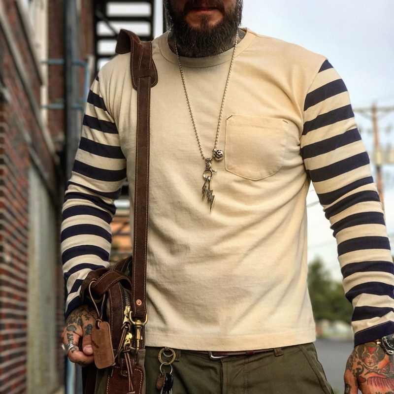 Retro patch pocket long sleeve Casual T-shirt