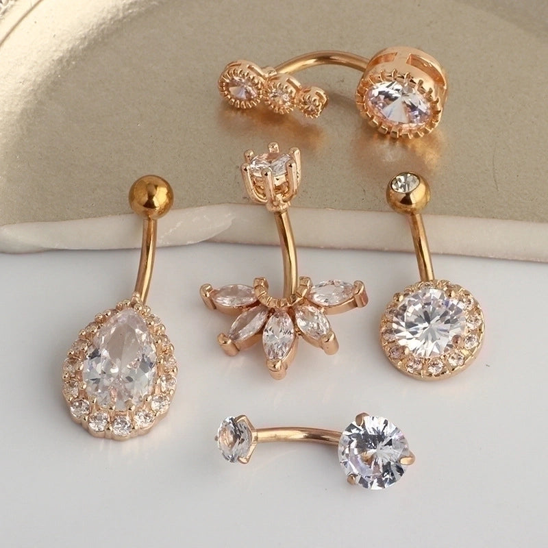 5 Pieces Fashion Water Droplets Stainless Steel Inlay Zircon Belly Ring 5 Pieces