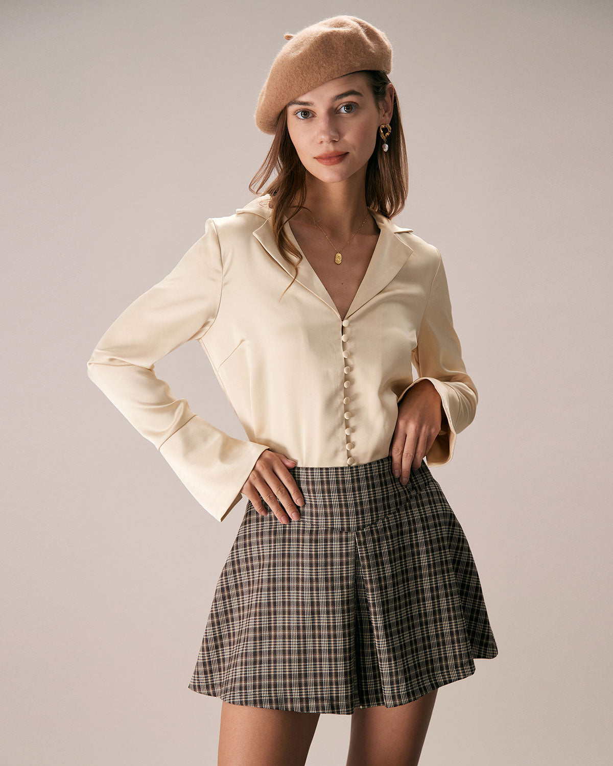 The Apricot Lapel Button Up Flare Sleeve Shirt