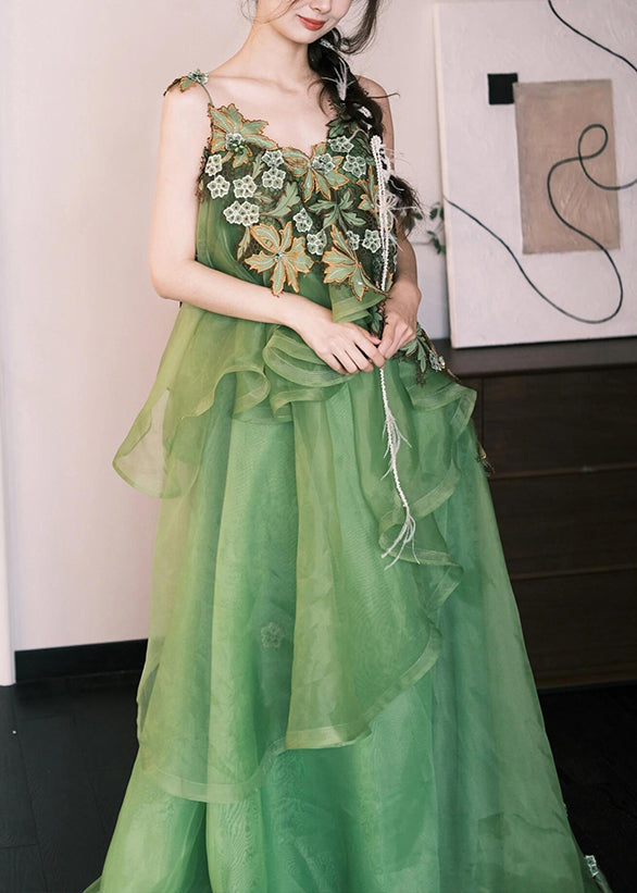 Stylish Green Embroidered Patchwork Silk Cotton Spaghetti Strap Dress Sleeveless
