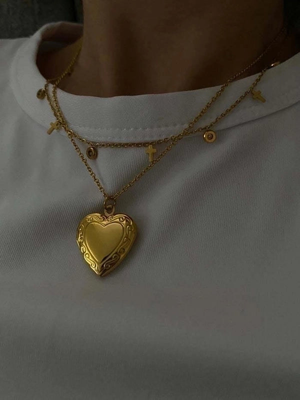 Fashion Heart Shape 201 Stainless Steel Artificial Diamond Plating Inlay Stainless Steel Necklaces