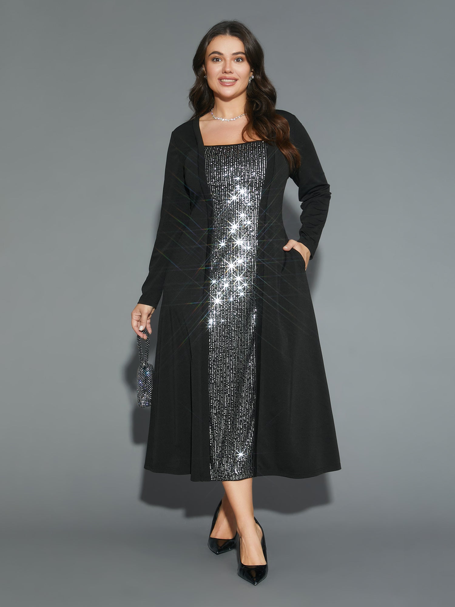 Sequin Patchwork Elastic Waist Midi Dress