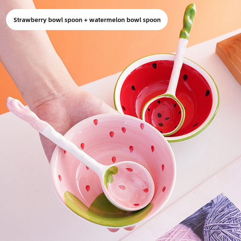 Strawberry Watermelon Cute Ceramic Bowl Long Handle Spoon Tableware Children's Cartoon Rice Bowl Soup Bowl Internet Celebrity Tableware