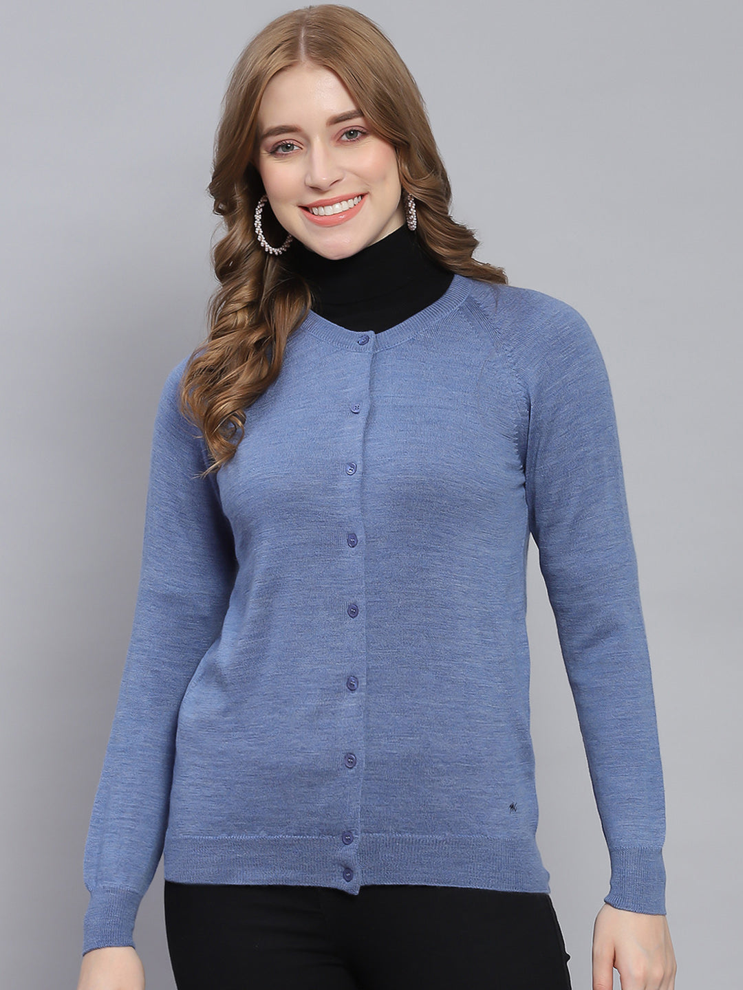 Women Blue Solid Round Neck Full Sleeve Cardigan