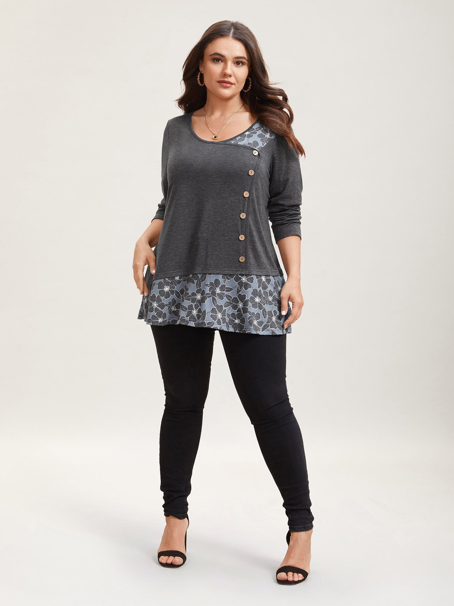 Printed Side-Buttons Wrap Knit Top