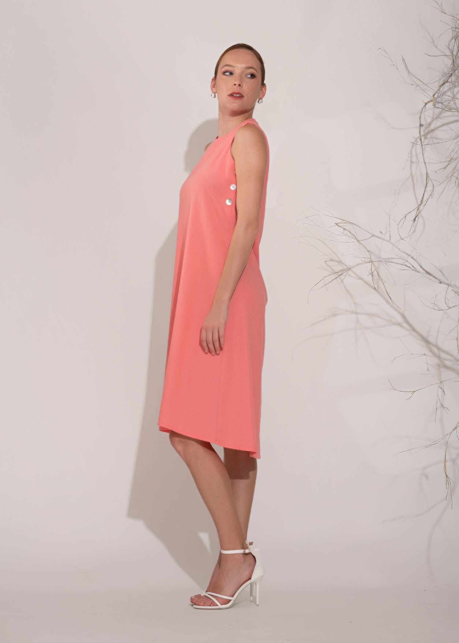 Sleeveless Round Neck Dress With Side Buttons