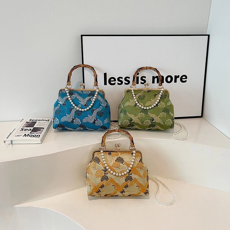 Women's Crane Streetwear Pearls Shell Lock Clasp Shoulder Bag Handbag Crossbody Bag